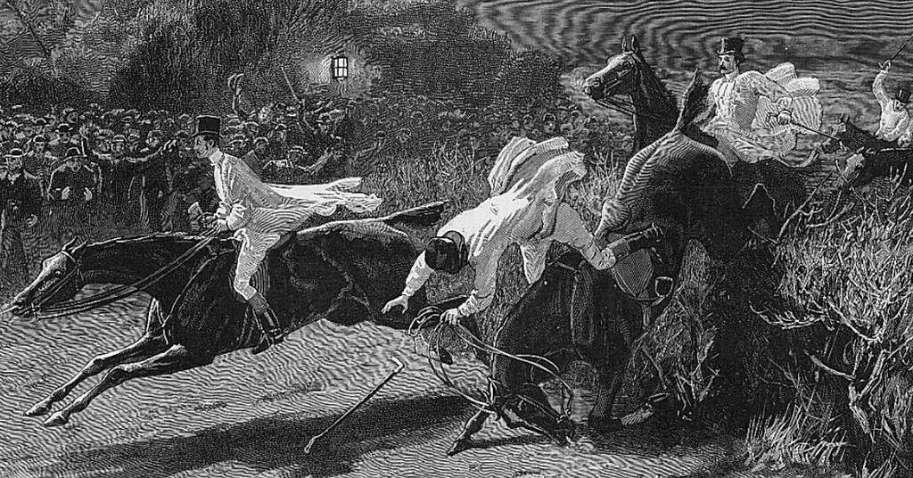 Nineteenth century engraving of riders at the finish of a night-time steeplechase